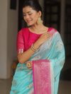 Banarasee Handloom Semi-Dupion Saree With Contrast Border & Gold Zari-Light Blue & Pink