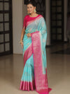 Banarasee Handloom Semi-Dupion Saree With Contrast Border & Gold Zari-Light Blue & Pink