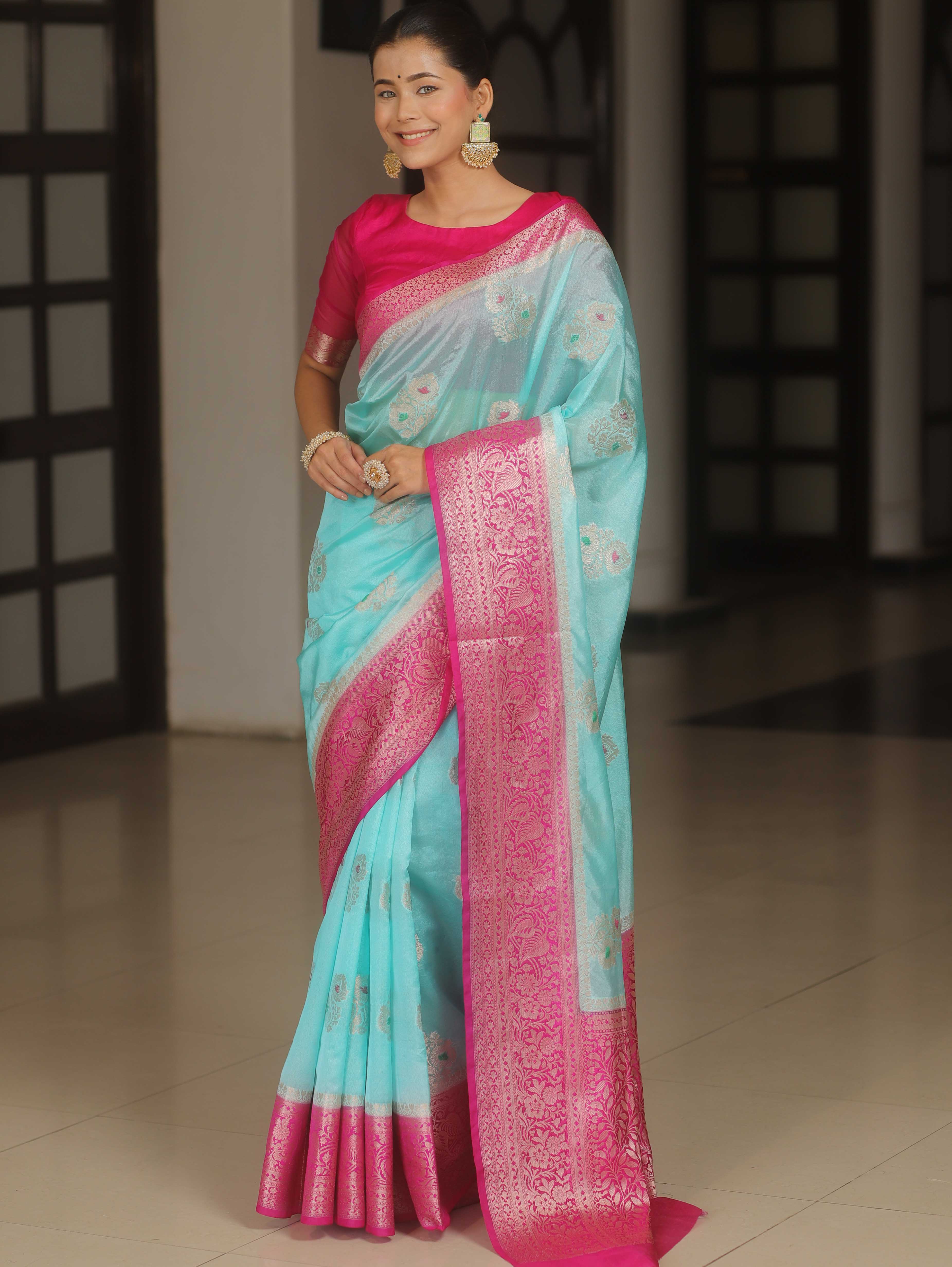 Banarasee Handloom Semi-Dupion Saree With Contrast Border & Gold Zari-Light Blue & Pink