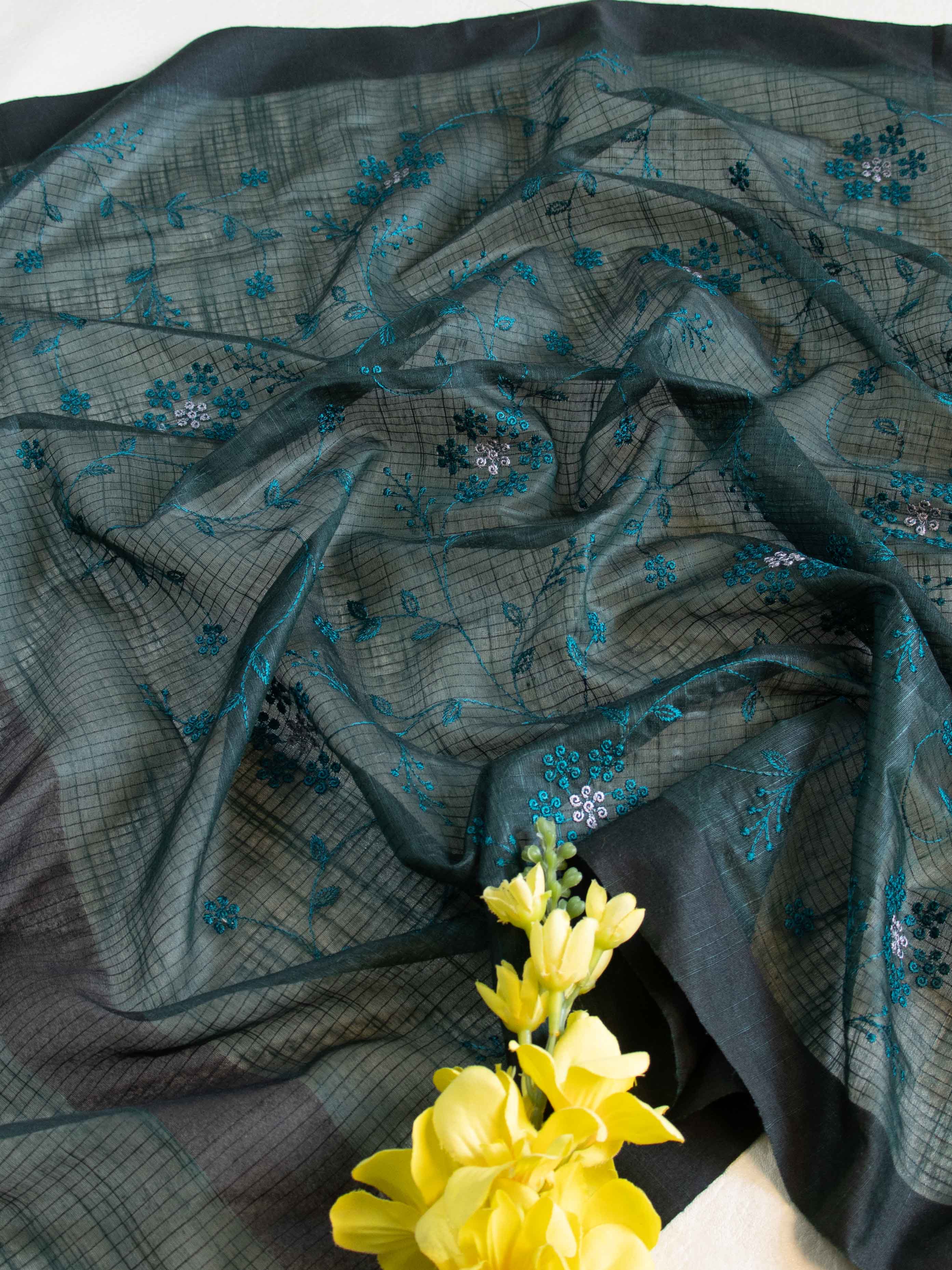 Banarasee Cotton Silk Embroidered Jaal Design Dupatta-Green