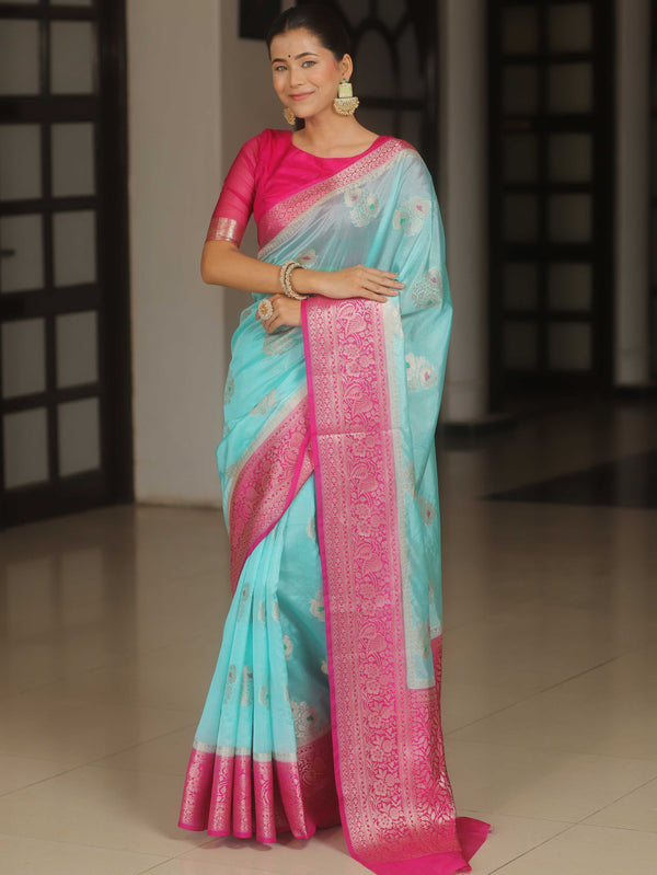 Banarasee Handloom Semi-Dupion Saree With Contrast Border & Gold Zari-Light Blue & Pink