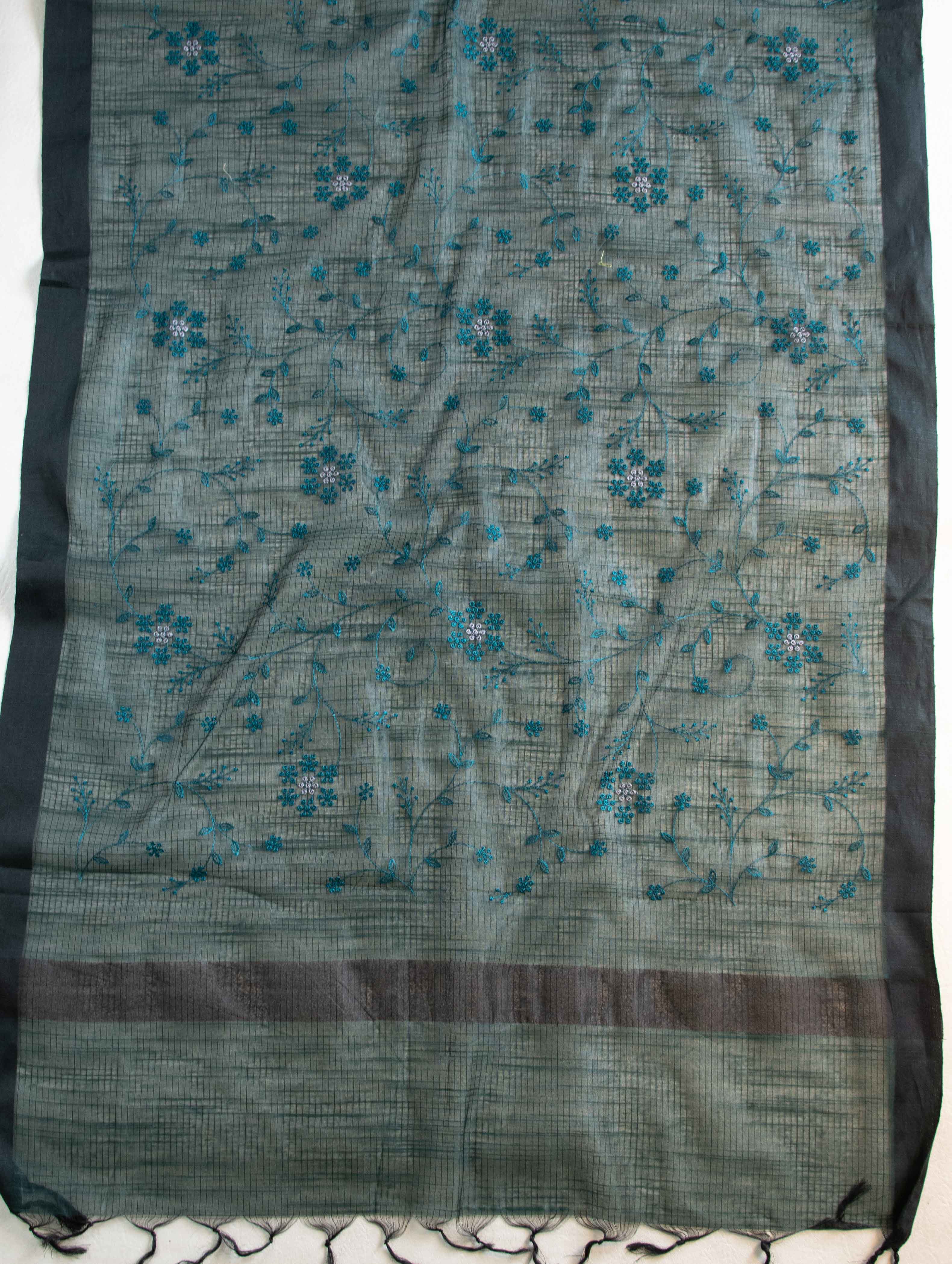 Banarasee Cotton Silk Embroidered Jaal Design Dupatta-Green