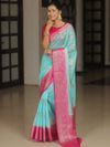 Banarasee Handloom Semi-Dupion Saree With Contrast Border & Gold Zari-Light Blue & Pink