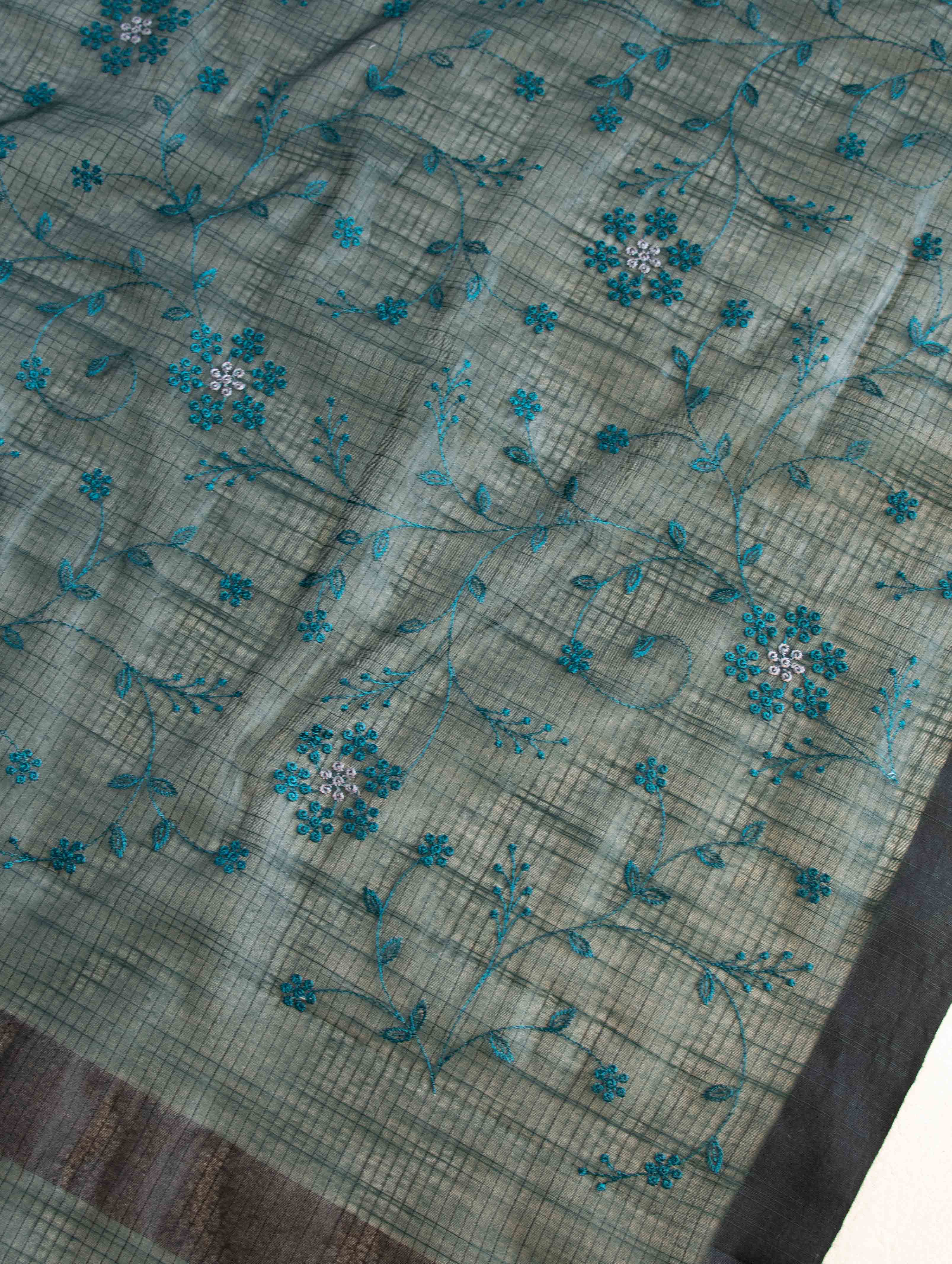 Banarasee Cotton Silk Embroidered Jaal Design Dupatta-Green