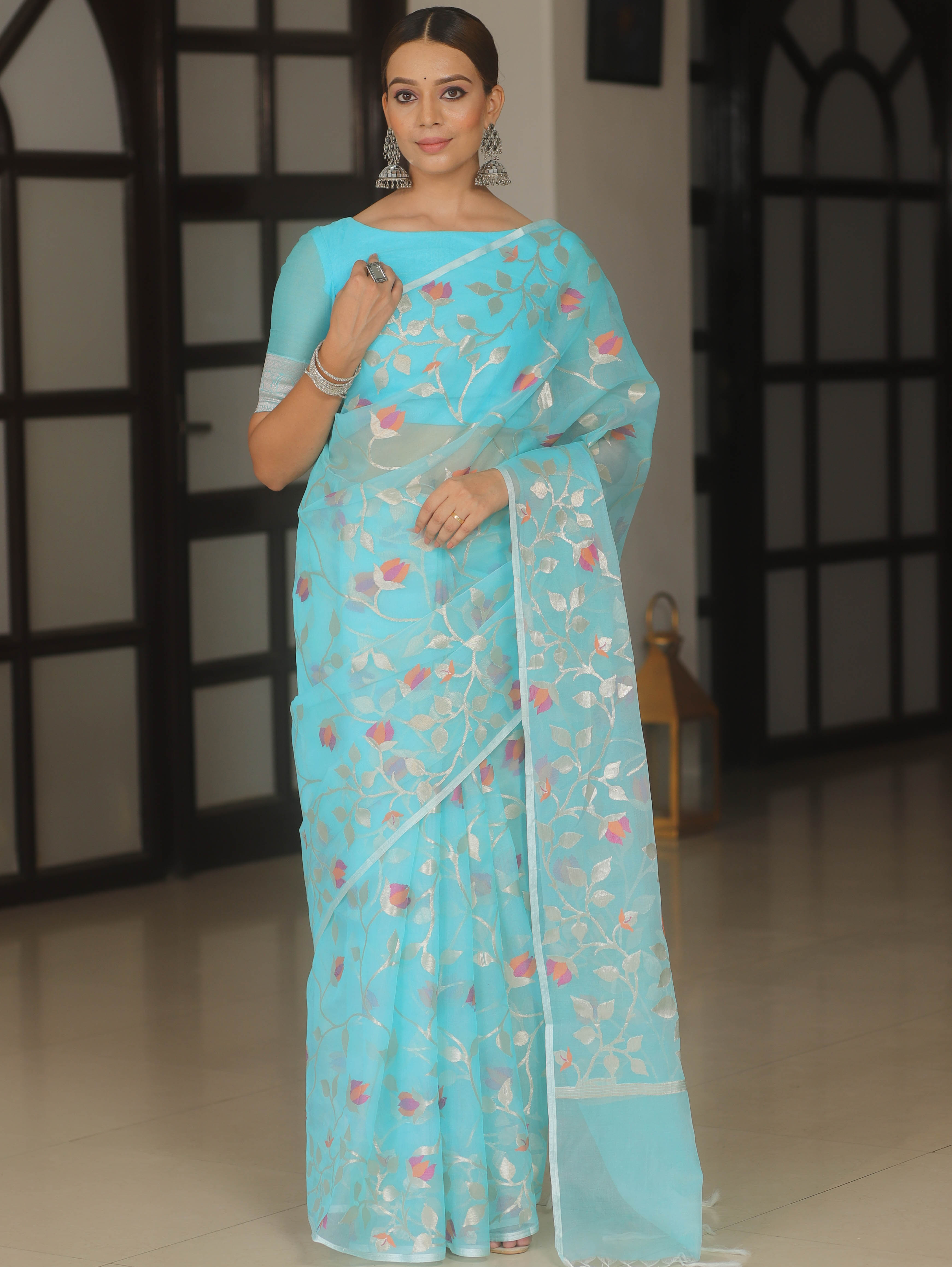 Banarasee Organza Mix Saree With Zari Jaal Design-Light Blue