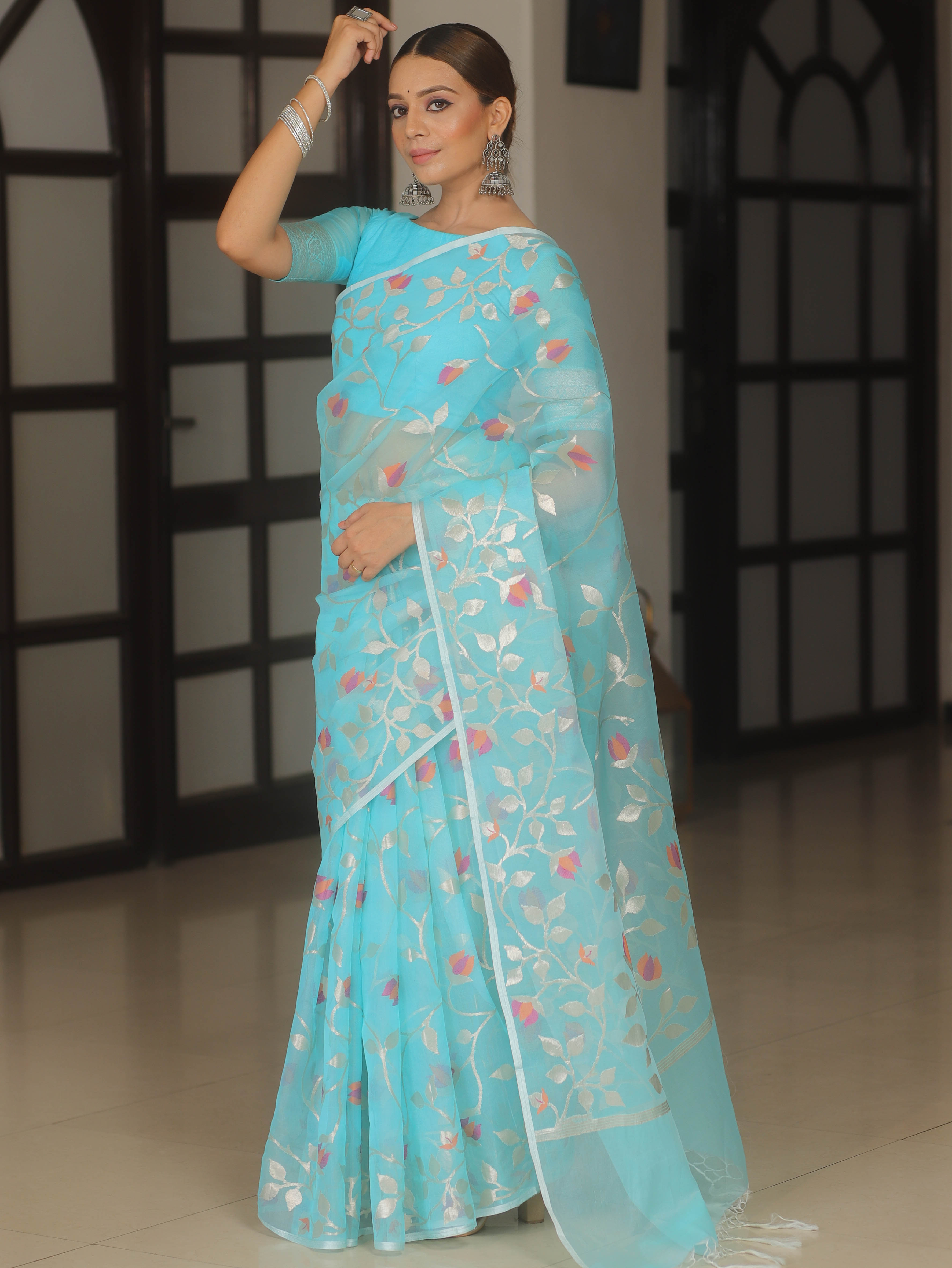 Banarasee Organza Mix Saree With Zari Jaal Design-Light Blue