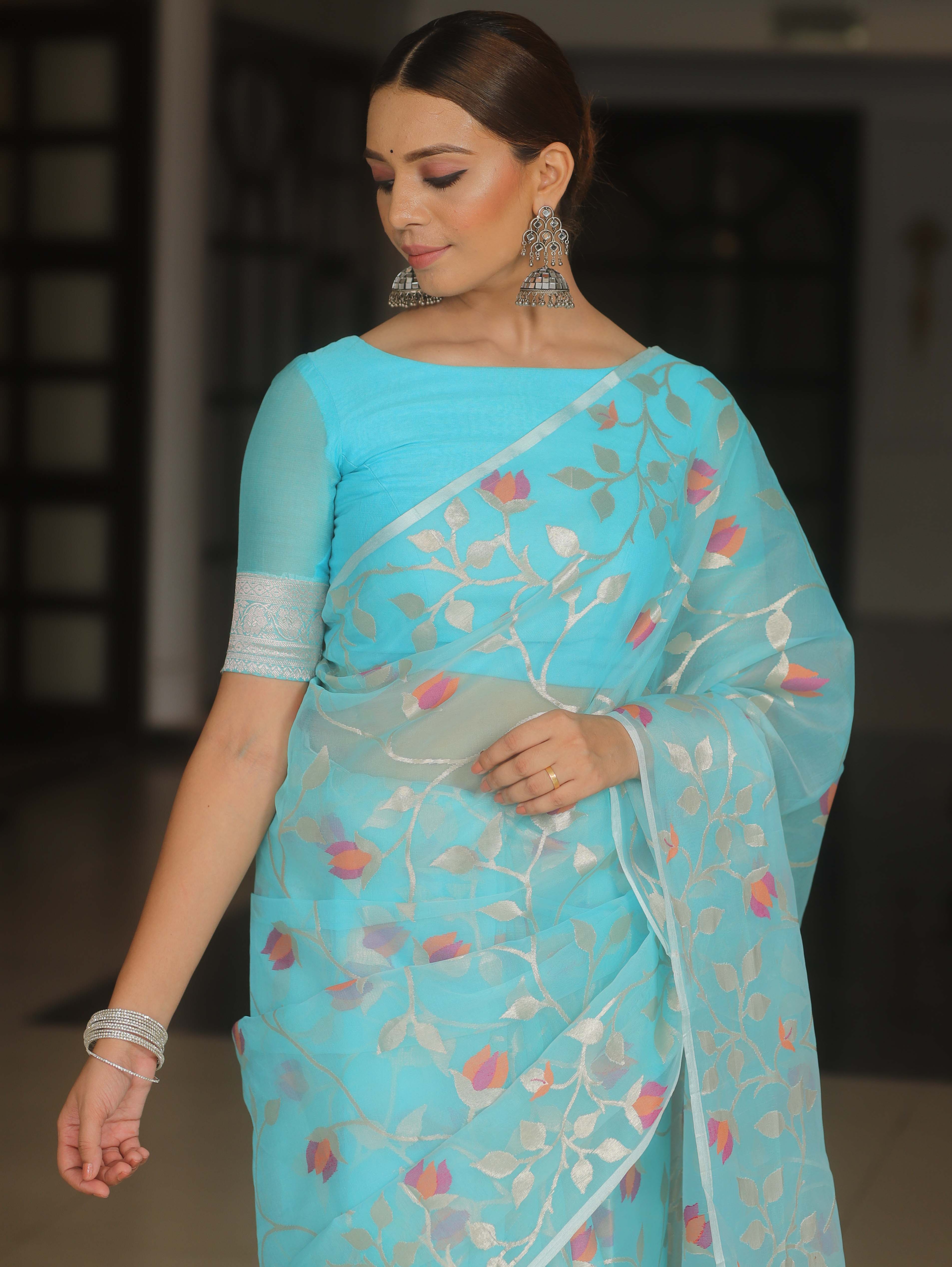 Banarasee Organza Mix Saree With Zari Jaal Design-Light Blue