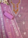 Banarasee Kota Doria Hand-Embroidered Salwar Kameez Dupatta Set-Pink