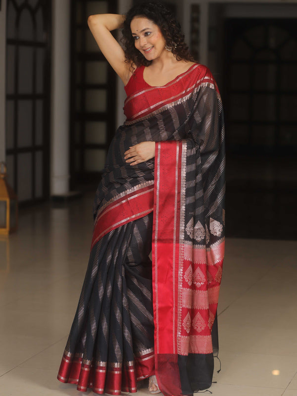 Banarasee Cotton Silk Saree With Contrast Border-Black & Red