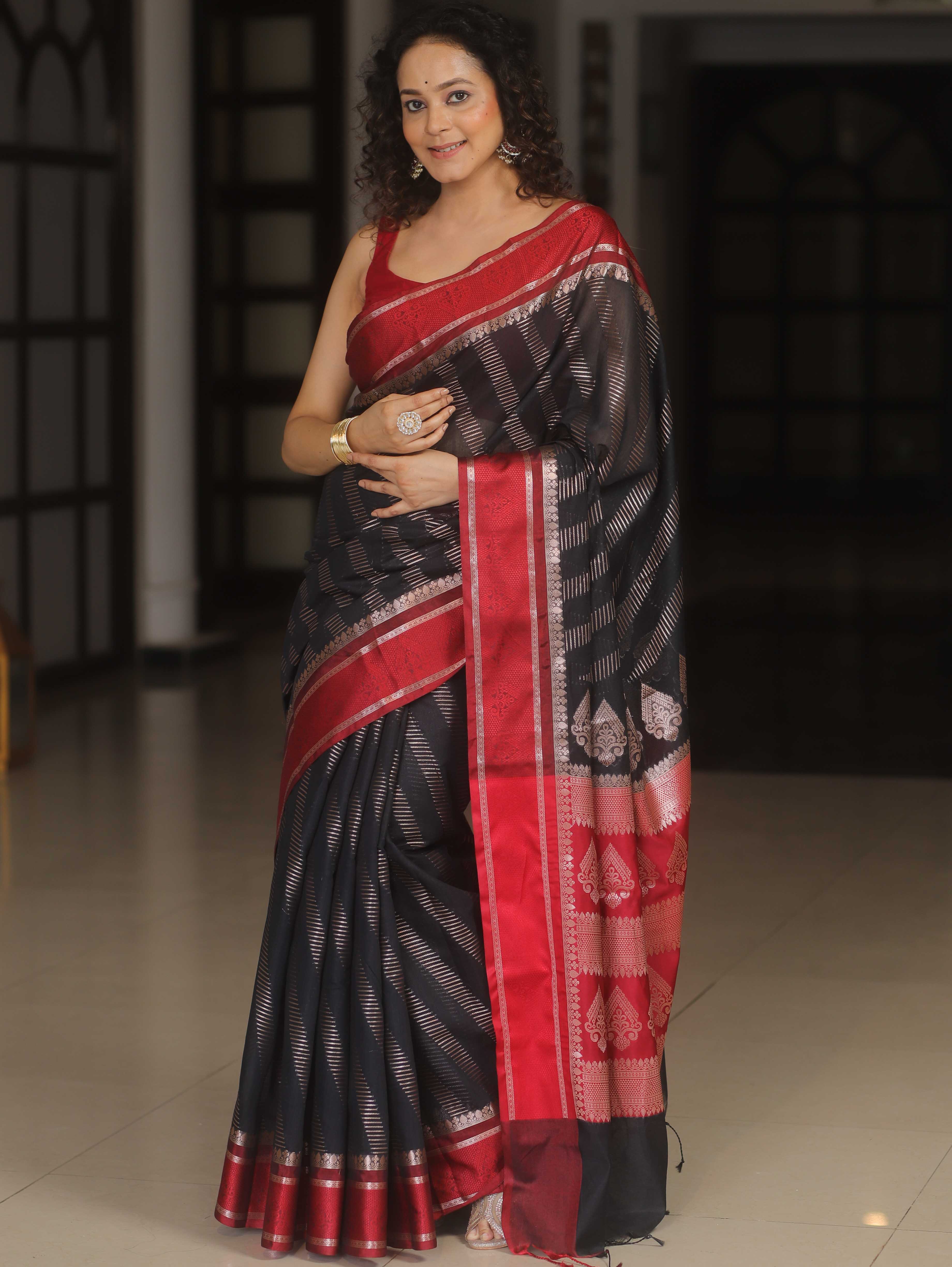 Banarasee Cotton Silk Saree With Contrast Border-Black & Red