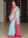 Banarasee Handloom Mirror Work Dupion Saree With Contrast Border-Light Blue & Pink