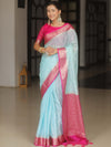 Banarasee Handloom Mirror Work Dupion Saree With Contrast Border-Light Blue & Pink