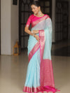 Banarasee Handloom Mirror Work Dupion Saree With Contrast Border-Light Blue & Pink