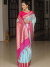 Banarasee Handloom Mirror Work Dupion Saree With Contrast Border-Light Blue & Pink