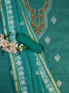 Banarasee Kota Doria Hand-Embroidered Salwar Kameez Dupatta Set-Green