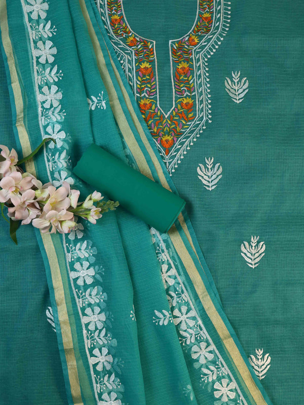 Banarasee Kota Doria Hand-Embroidered Salwar Kameez Dupatta Set-Green