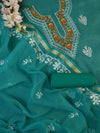 Banarasee Kota Doria Hand-Embroidered Salwar Kameez Dupatta Set-Green