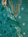 Banarasee Kota Doria Hand-Embroidered Salwar Kameez Dupatta Set-Green