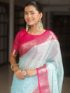 Banarasee Handloom Mirror Work Dupion Saree With Contrast Border-Light Blue & Pink