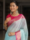 Banarasee Handloom Mirror Work Dupion Saree With Contrast Border-Light Blue & Pink