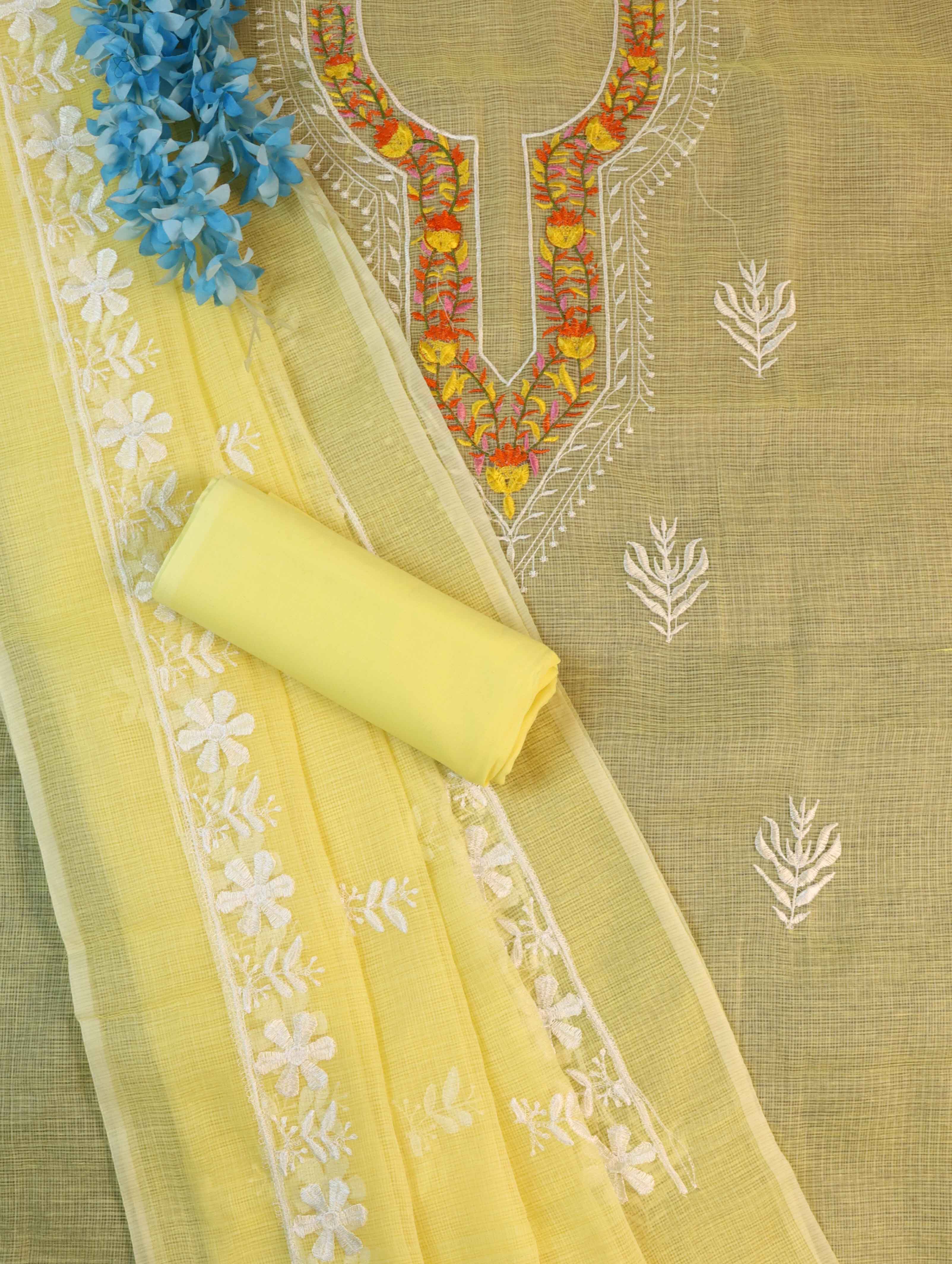 Banarasee Kota Doria Hand-Embroidered Salwar Kameez Dupatta Set-Yellow