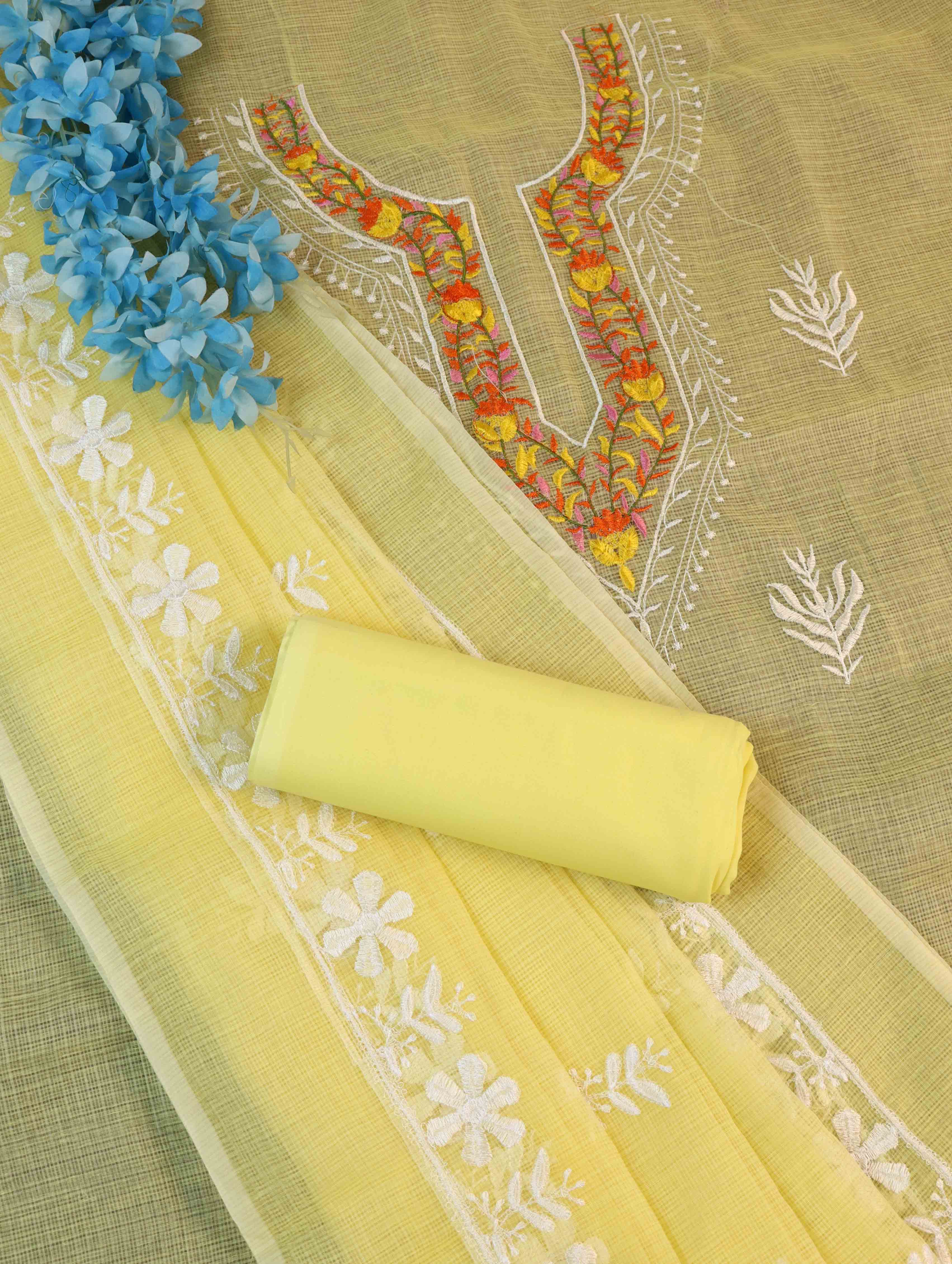 Banarasee Kota Doria Hand-Embroidered Salwar Kameez Dupatta Set-Yellow