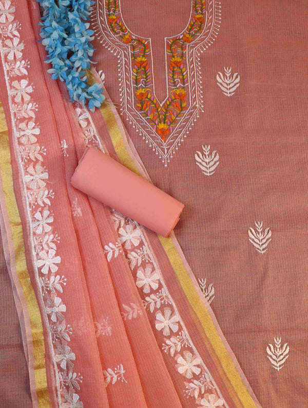 Banarasee Kota Doria Hand-Embroidered Salwar Kameez Dupatta Set-Peach