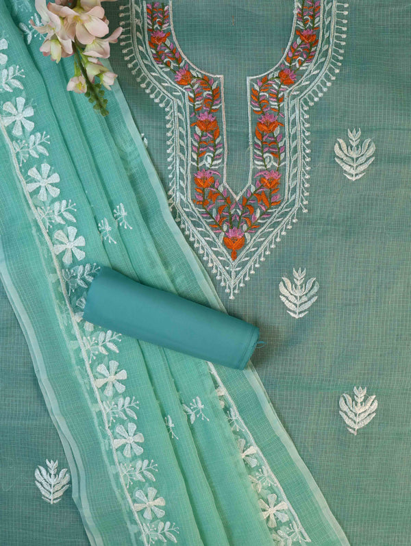 Banarasee Kota Doria Hand-Embroidered Salwar Kameez Dupatta Set-Sea Green