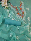 Banarasee Kota Doria Hand-Embroidered Salwar Kameez Dupatta Set-Sea Green