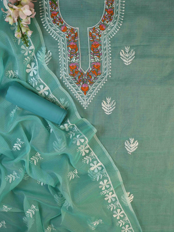 Banarasee Kota Doria Hand-Embroidered Salwar Kameez Dupatta Set-Sea Green