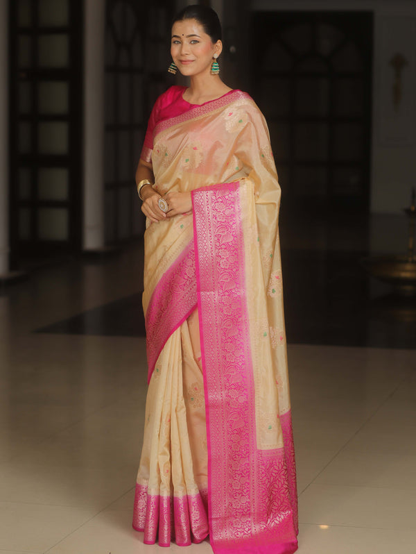 Banarasee Handloom Semi-Dupion Saree With Contrast Border & Gold Zari-Cream & Pink