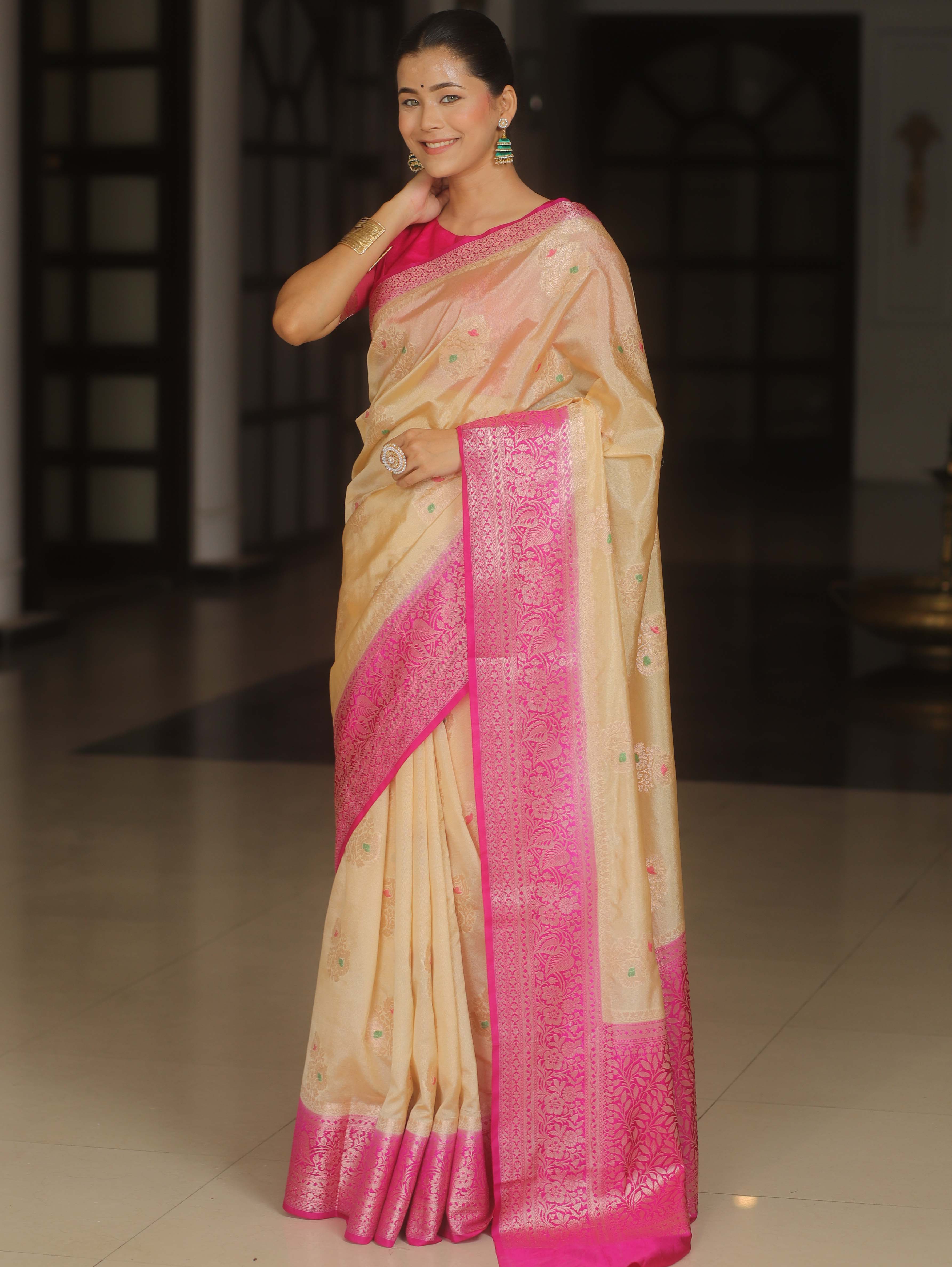 Banarasee Handloom Semi-Dupion Saree With Contrast Border & Gold Zari-Cream & Pink