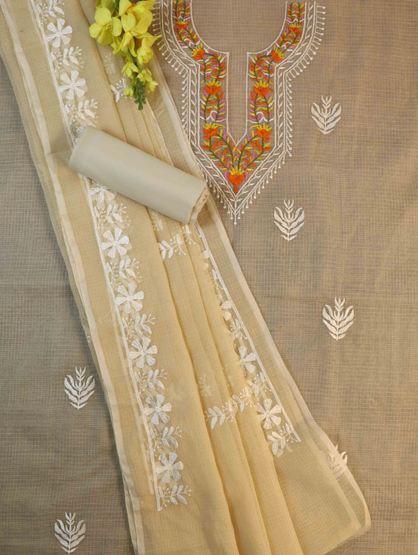 Banarasee Kota Doria Hand-Embroidered Salwar Kameez Dupatta Set-Beige