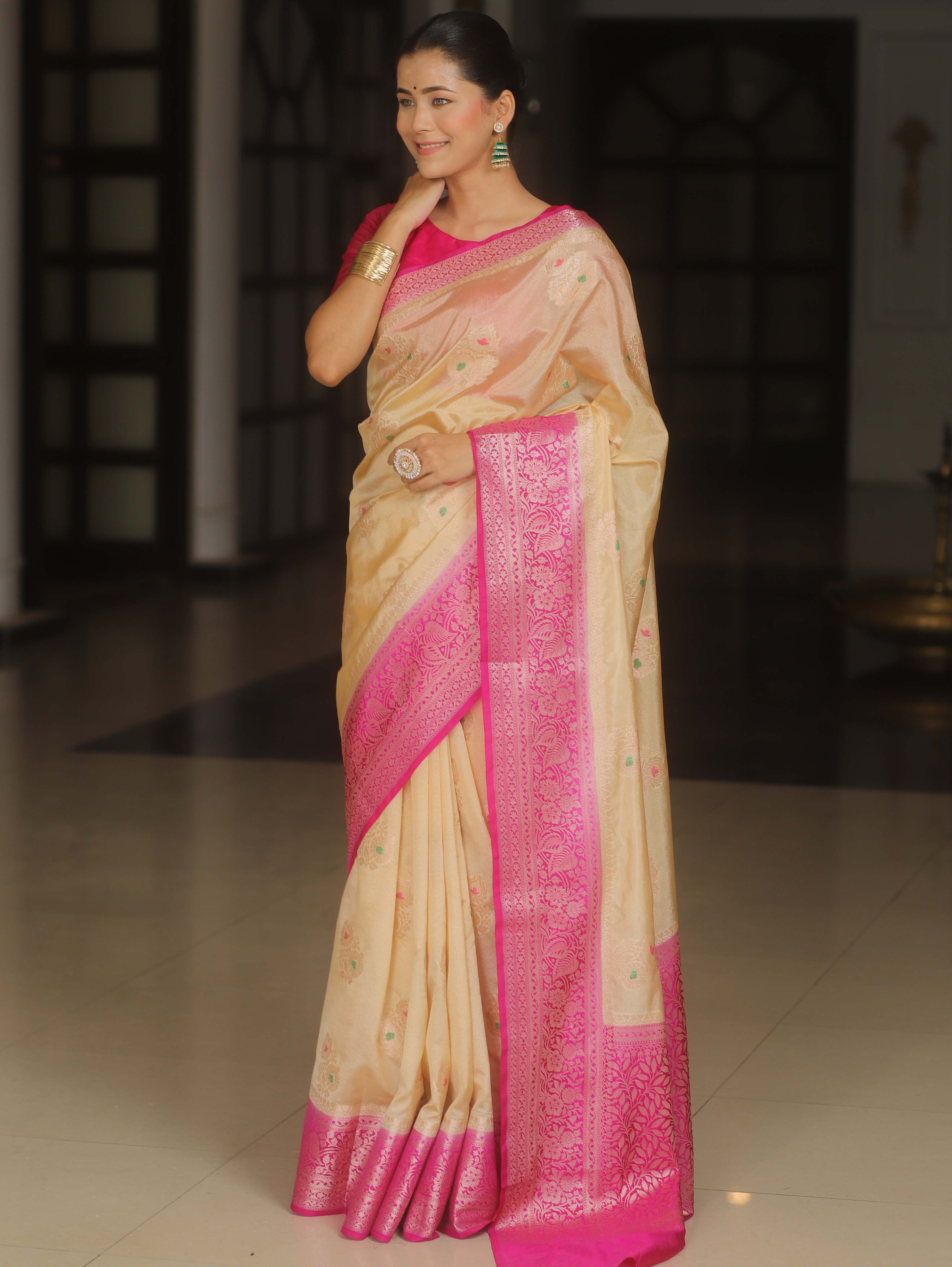 Banarasee Handloom Semi-Dupion Saree With Contrast Border & Gold Zari-Cream & Pink