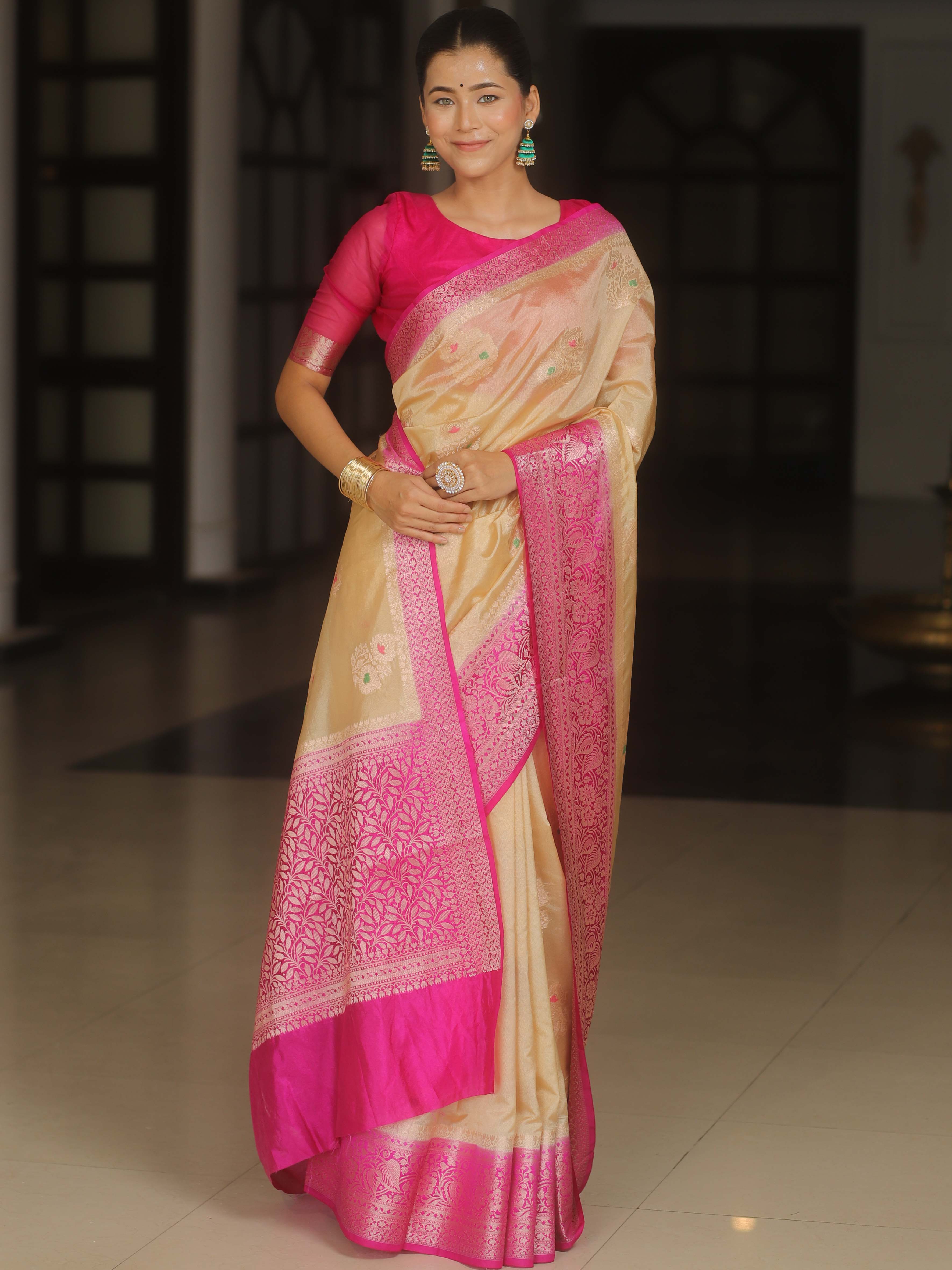 Banarasee Handloom Semi-Dupion Saree With Contrast Border & Gold Zari-Cream & Pink