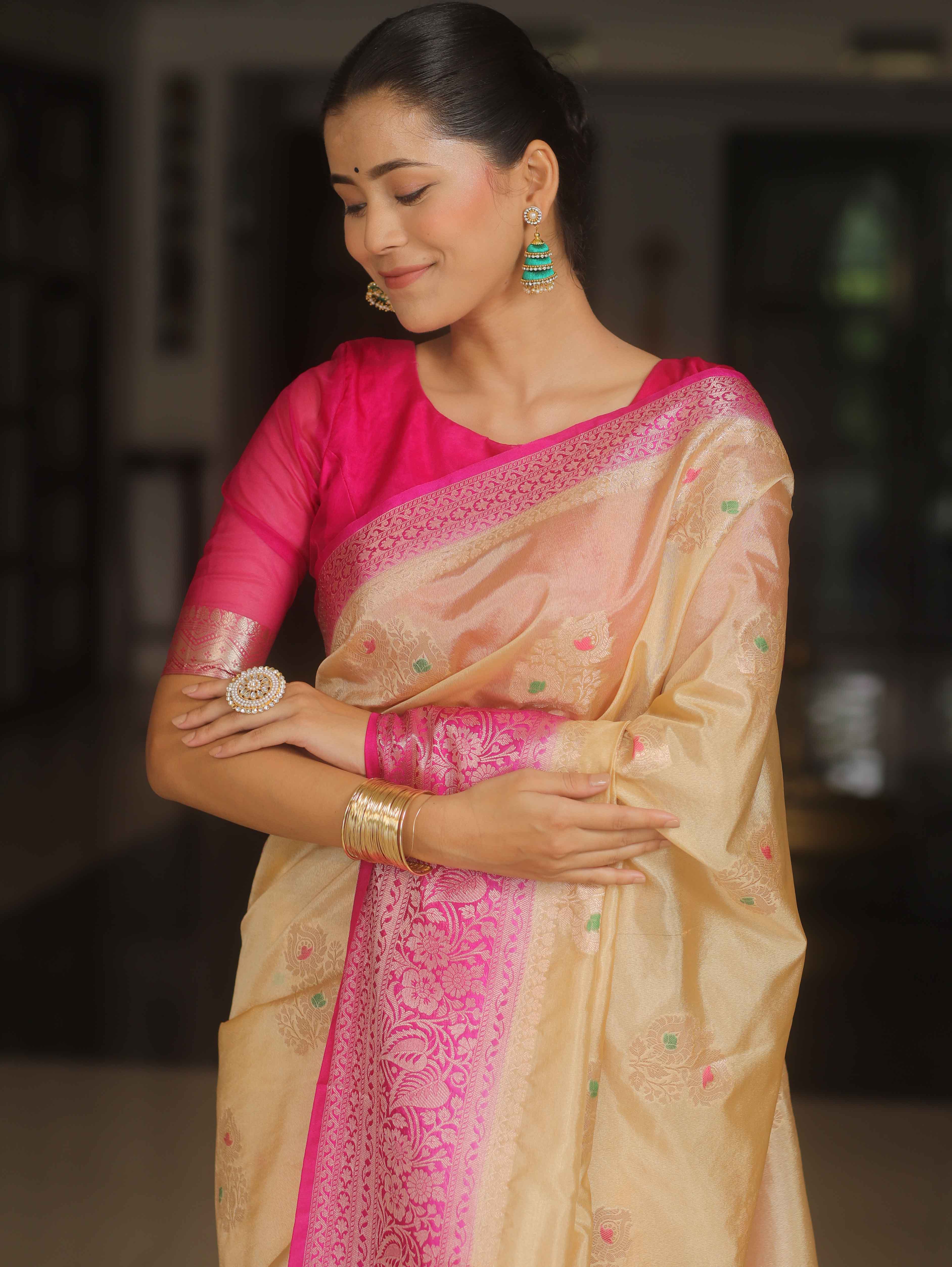 Banarasee Handloom Semi-Dupion Saree With Contrast Border & Gold Zari-Cream & Pink