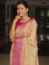 Banarasee Handloom Semi-Dupion Saree With Contrast Border & Gold Zari-Cream & Pink