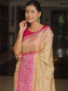 Banarasee Handloom Semi-Dupion Saree With Contrast Border & Gold Zari-Cream & Pink