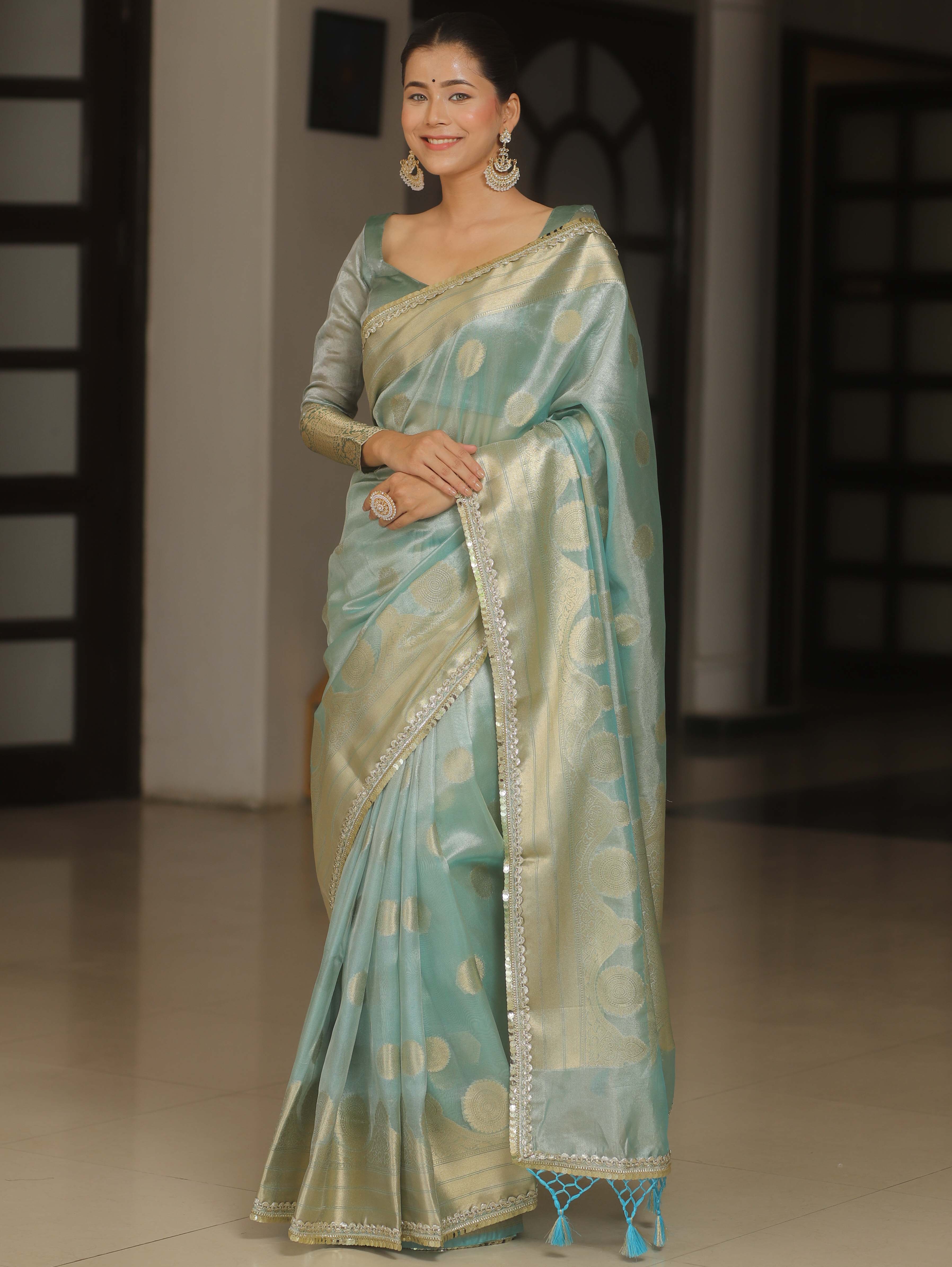 Banarasee Handwoven Tissue Saree Zari Border & Buta Design With Lace-Blue