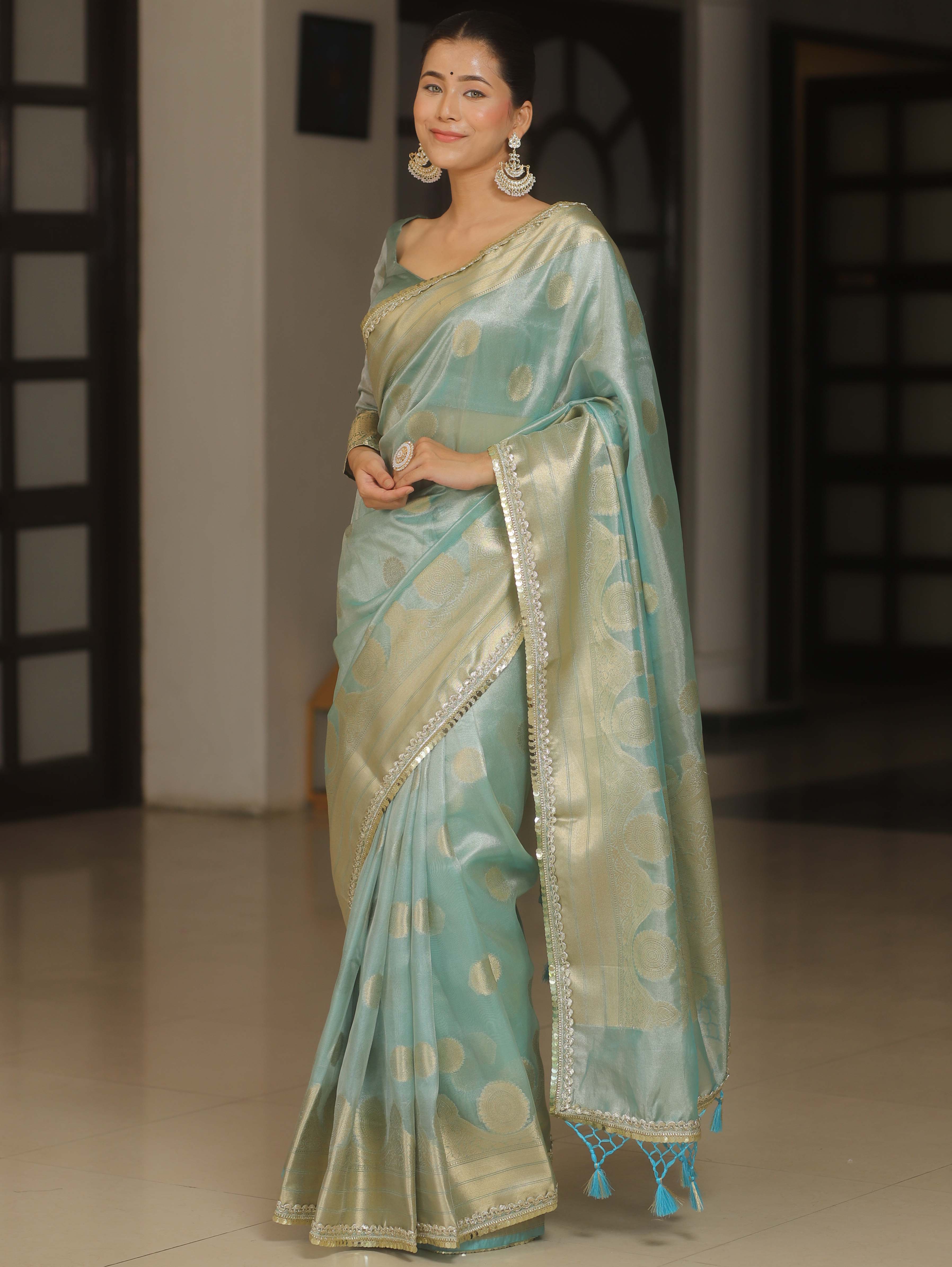 Banarasee Handwoven Tissue Saree Zari Border & Buta Design With Lace-Blue