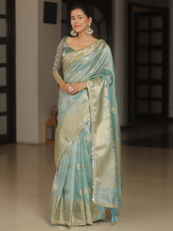 Banarasee Handwoven Tissue Saree Zari Border & Buta Design With Lace-Blue