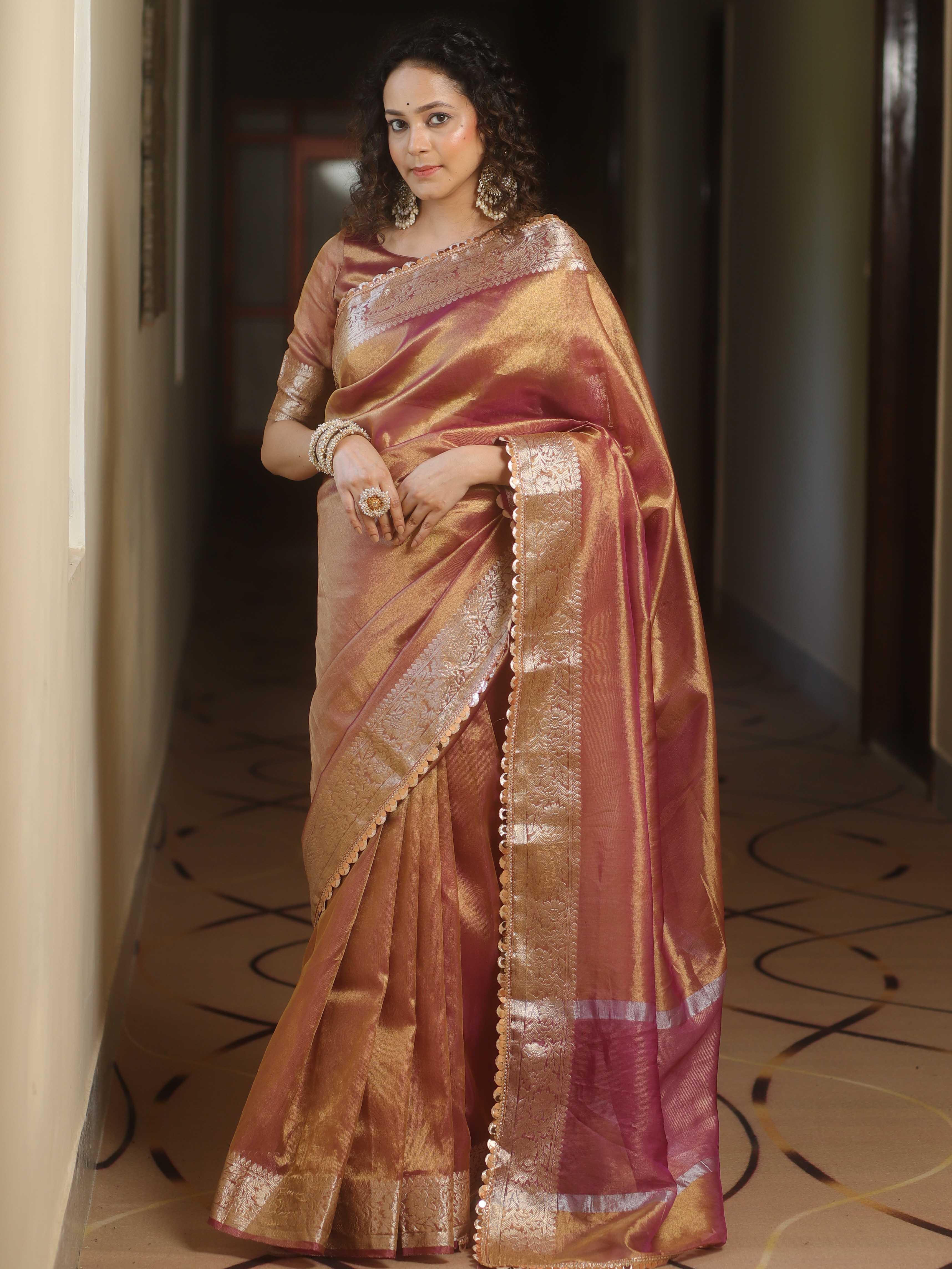 Banarasee Handwoven Plain Tissue Saree Zari Border With Lace-Magenta