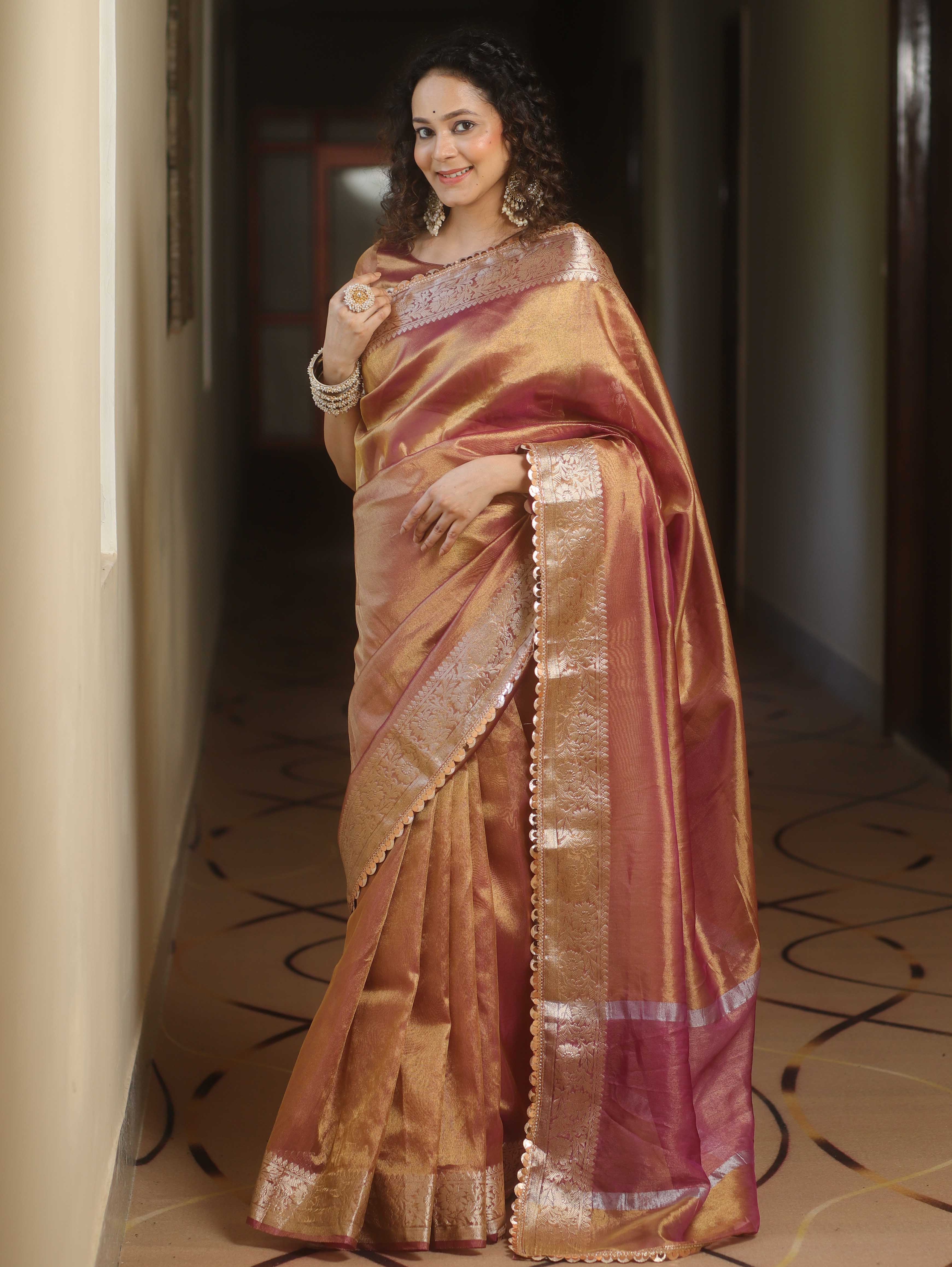 Banarasee Handwoven Plain Tissue Saree Zari Border With Lace-Magenta