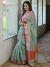 Banarasee Cotton Silk Kota Checks Saree With Zari Design-Green & Pink