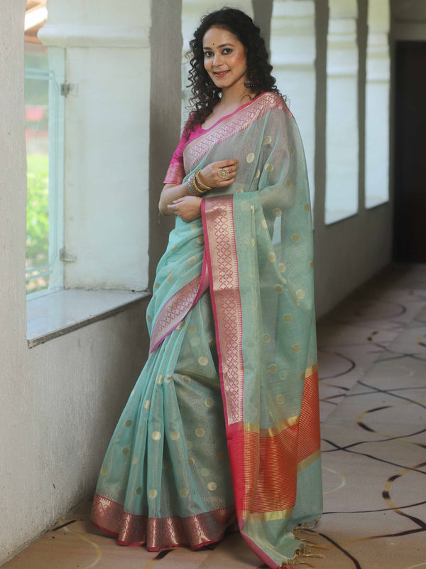 Banarasee Cotton Silk Kota Checks Saree With Zari Design-Green & Pink