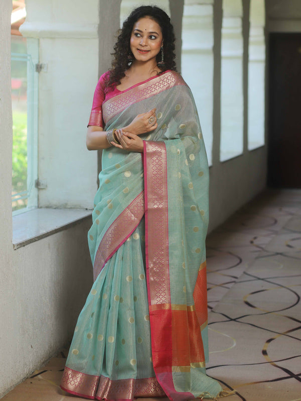 Banarasee Cotton Silk Kota Checks Saree With Zari Design-Green & Pink