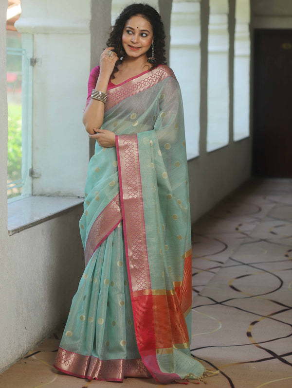 Banarasee Cotton Silk Kota Checks Saree With Zari Design-Green & Pink