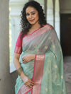 Banarasee Cotton Silk Kota Checks Saree With Zari Design-Green & Pink