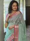 Banarasee Cotton Silk Kota Checks Saree With Zari Design-Green & Pink