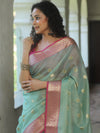 Banarasee Cotton Silk Kota Checks Saree With Zari Design-Green & Pink